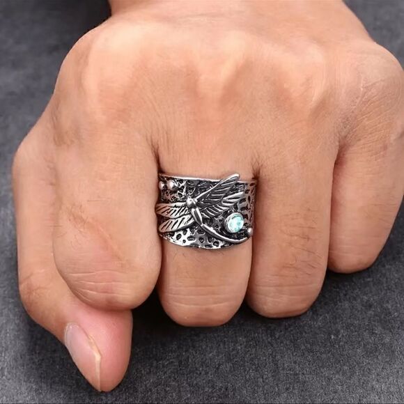 Vintage Style Size 9 Silver Plated Wide Band Dragonfly Ring New! - Picture 4 of 7